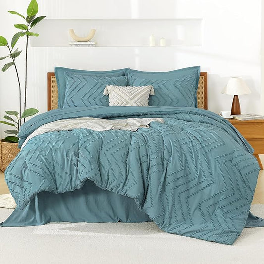 Litanika Grayish Teal California King Size Comforter Set with Sheets - 7 Pieces Bed in a Bag California King Boho Tufted Complete Bedding Sets with Comforter, Sheets, Pillowcases & Shams