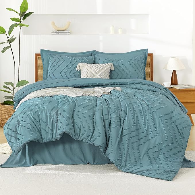 Litanika Oversized King Size Comforter Set with Sheets Grayish Teal - 7 Pieces Bed in a Bag Oversized King Boho Tufted Complete Bedding Sets with Comforter, Sheets, Pillowcases & Shams