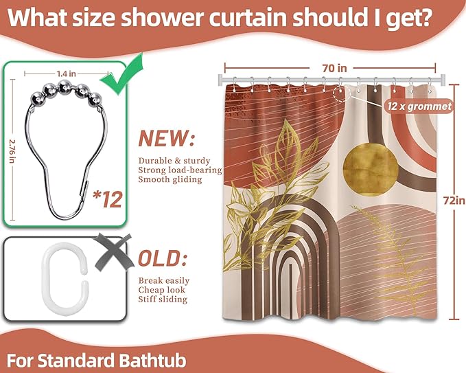 Boho Mid Century Modern Shower Curtain Bohemian MCM Shower Curtains for Bathroom Decor Sets, Waterproof Fabric with Hooks 70x72in