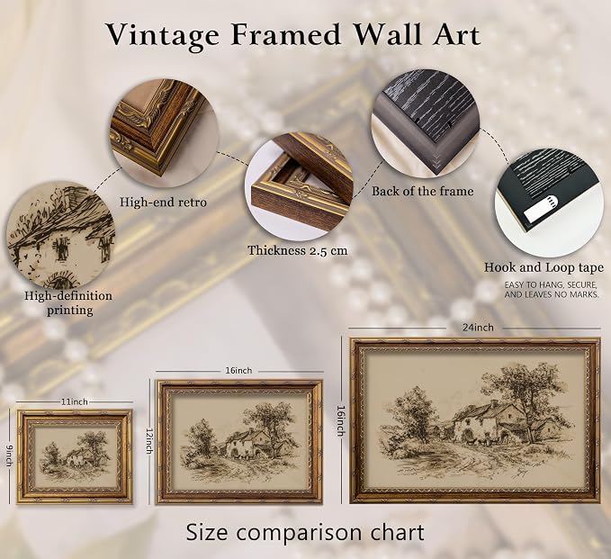 Vintage Gold Framed Farmhouse Sketch Wall Art，Retro Country Cottage with Cattle Canvas Prints, Antique Rural Farm Scene Drawing Poster Artwork for Living Room Bedroom Kitchen Wall Decor，12x16in
