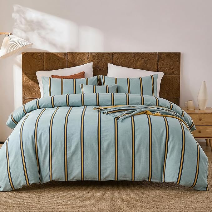 Merryword Green & Orange Striped Duvet Cover Set Queen Size, 100% Cotton Bedding Set with Zipper Closure & 8 Corner Ties, Luxury Linen Like Bedding, Soft Breathable Comforter Cover for All Seasons