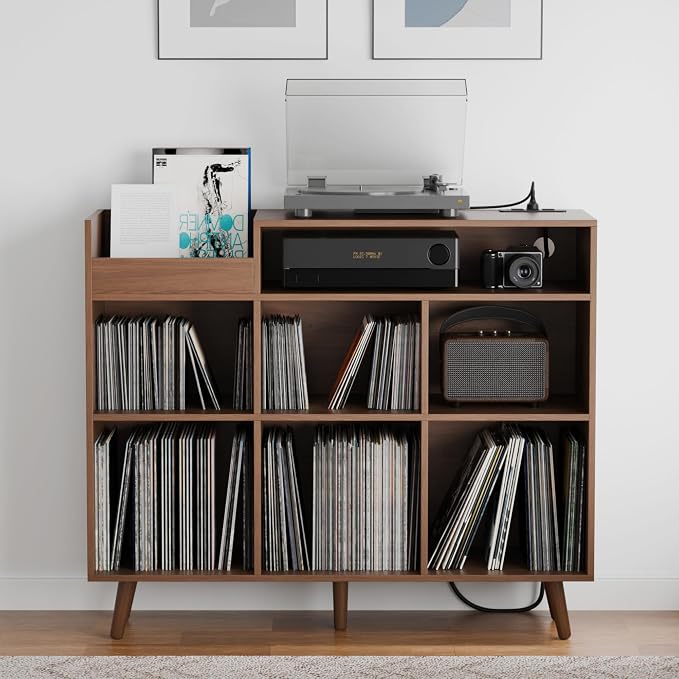 Cozy Castle Large Record Player Stand with Vinyl Storage Cabinet, Wood Turntable Table Open Shelf Holder Up to 500 Albums Cube Storage Organizer for Living Room, Office, Brown