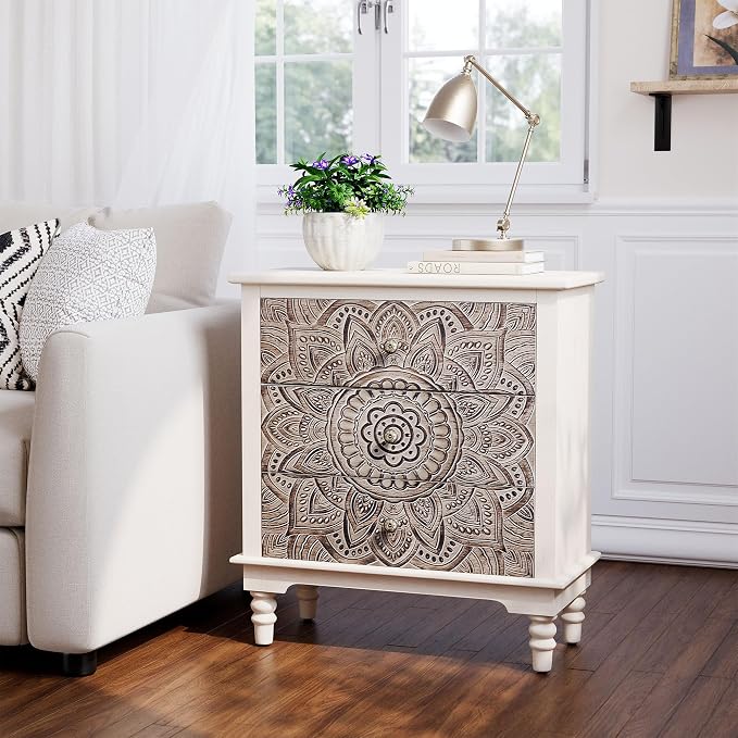 HOMPUS White 3 Drawer Dresser, Farmhouse Nightstand with 3 Drawers, Wood Night Stand with Lotus Carved Pattern, Vintage Nightstand with Storage, Small Chest of Drawers for Bedroom, Living Room, White