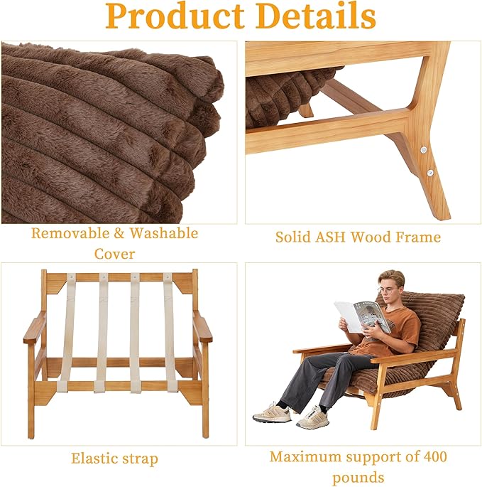 WJShome Accent Chairs for Living Room,Bean Bag Chair for Adults，Comfy Recliner Reading Accent Armrest Chair, Couch with Rabbit Style Fur Upholstered for Reading Bedroom, Brown