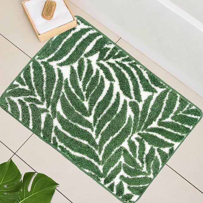 Dark Green Leaf Bathroom Rugs - Bath Mats Non Slip Machine Washable Bathroom Decor Water Absorbent Bath Rugs for Sink Bathtub and Shower Leaves 20" x 32"