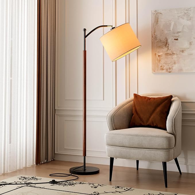 Arc Wood Floor Lamp, Corner Modern Mid Century Lamp with Linen Shade & Marble Base, Floor Lamp for Reading - Adjustable Standing Light for Living Room, Bedroom and Home Office, Walnut
