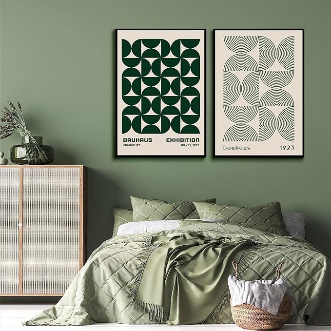 2Pcs Bauhaus Mid Century Modern Wall Art Retro Exhibition Posters Prints Green Boho Geometric Abstract Minimalist Wall Decor Pictures for Bedroom iving Room Dining Room UNFRAMED (Green, 12x16in)