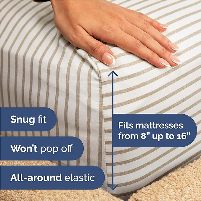 Split King Size 5 Piece Sheet Set - Comfy Breathable & Cooling Sheets - Hotel Luxury Bed Sheets for Women & Men - Deep Pockets, Easy-Fit, Soft & Wrinkle Free Sheets - Beige Stripes Oeko-Tex Bed Sheets