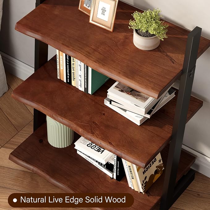 IBF 3-Tier Solid Wood Ladder Bookshelf with Natural Live Edge, Rustic Walnut Storage & Display Leaning Bookcase, Modern Space-Saving Shelf for Living Room, Bedroom, Home Office