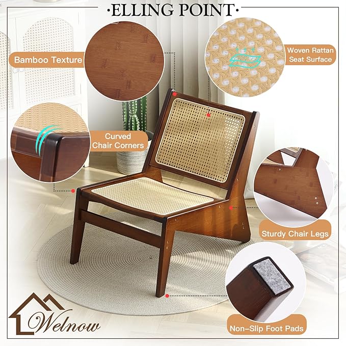 Welnow 2-Pcs Mid Century Rattan Accent Chair, Bamboo Wood Lounge Chair with Woven Cane Backrest, Low Armchair for Living Room, Bedroom, Balcony or Reading Corner, Walnut