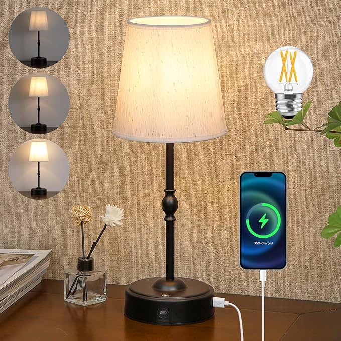 MEIXISUE Cordless Rechargeable LED Table Lamp with Dimmer,Black Portables Desk Lamp,Small Bedside Lamp,Battery Operated Lamp for Patio Balcony Corner Camping Bar RV