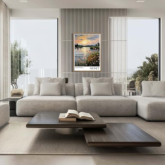 Framed Canvas Monet Gallery Style Wall Art Print Sunset Landscape Poster Impressionist Floral Picture Decor Living Room Bedroom Office Apartment Farmhouse 12X16 Inch Ready to Hang