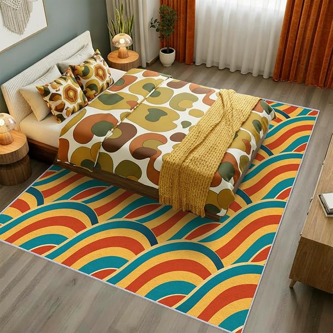 70s Rug Square 8x8 Retro Abtract Groovy Stripes Pattern Area Rugs for Living Room, Bedroom, 70s Home Decor Accessories Indoor Carpet, Non Slip & Machine Washable, GD0372