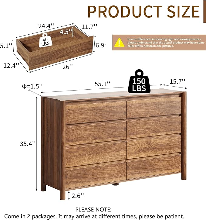 CHUWELL Dresser for Bedroom，55" Wide Mid Century Chest of Drawers with 8 Large Storage Space and 4 Solid Wood Cylindrical Legs,8 Drawer Large Dresser for Bedroom(Walnut)