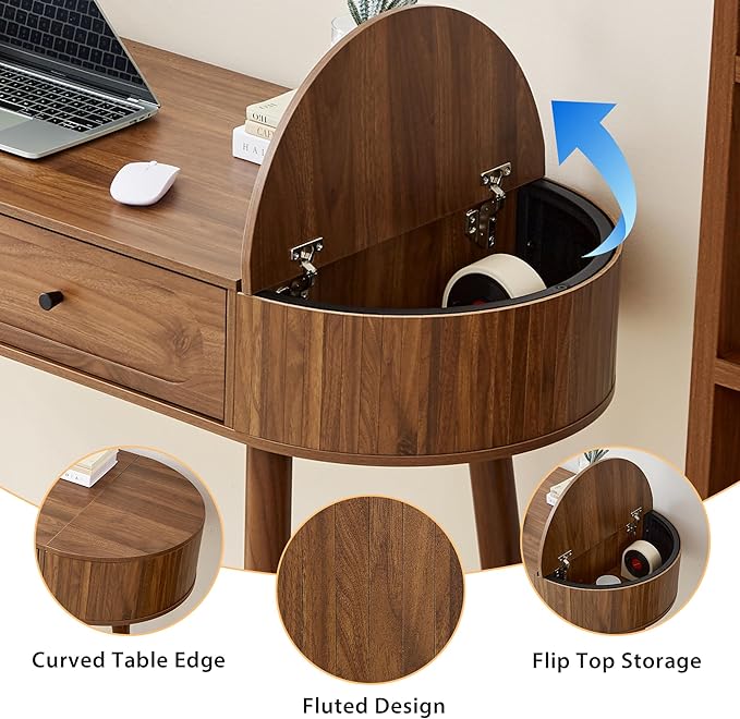 Mid-Century 59" Wood Writing Desk, Home Office Computer Laptop Desk with 2 Flip Storage Space + 2 Drawer, 150 CM Elegant Fluted Vanity Table Multifunctional Study Desk for Office, Bedroom (Wlanut)