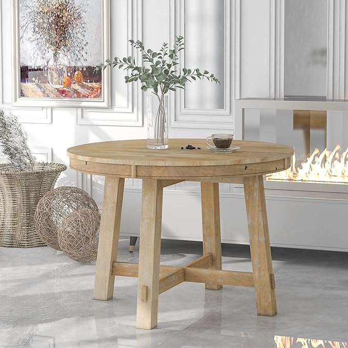 JUSTONE Farmhouse Round Extendable Dining Table with 16" Leaf – Natural Wood Wash Kitchen Table