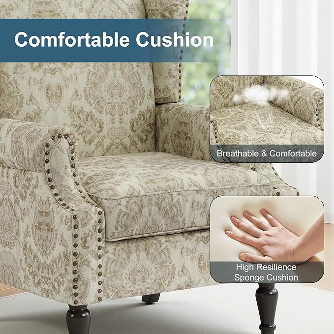 Wingback Chair, High Back Floral Accent Chair in Fabric, Comfy Upholstered Armchair with Nailhead Trim for Living Room, Single Sofa Reading Chair for Small Spaces, Bedroom-White