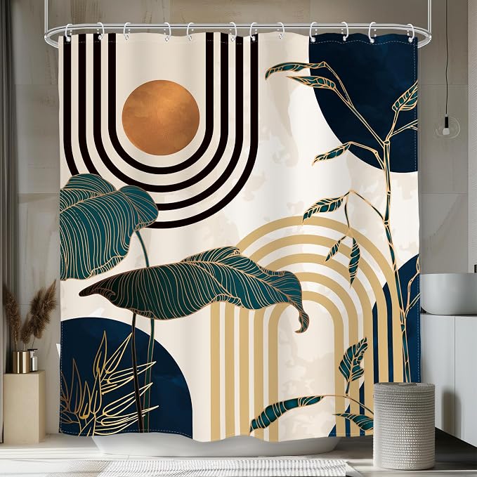Glawry Blue Abstract Mid Century Shower Curtain Boho Retro Tropical Palm Tree Modern Sun Arch Bathroom Aesthetic Geometric 72Wx72L Inches Bath Accessories Art Home Decor Fabric 12 Pack Hooks
