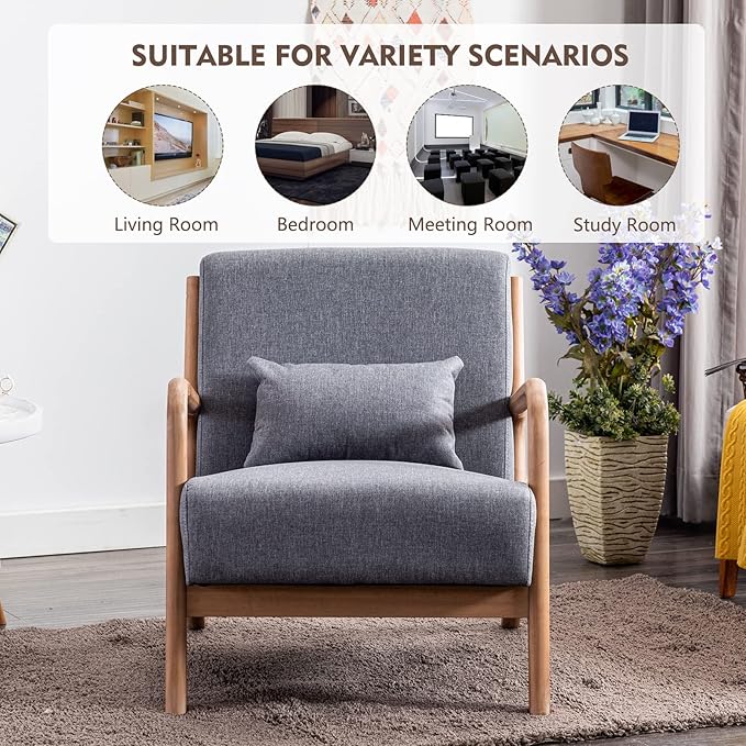 ANJ Mid Century Modern Accent Chair, Single Fabric Lounge Reading Armchair with Solid Wood Frame, Easy Assembly Arm Chairs for Living Room, Grey