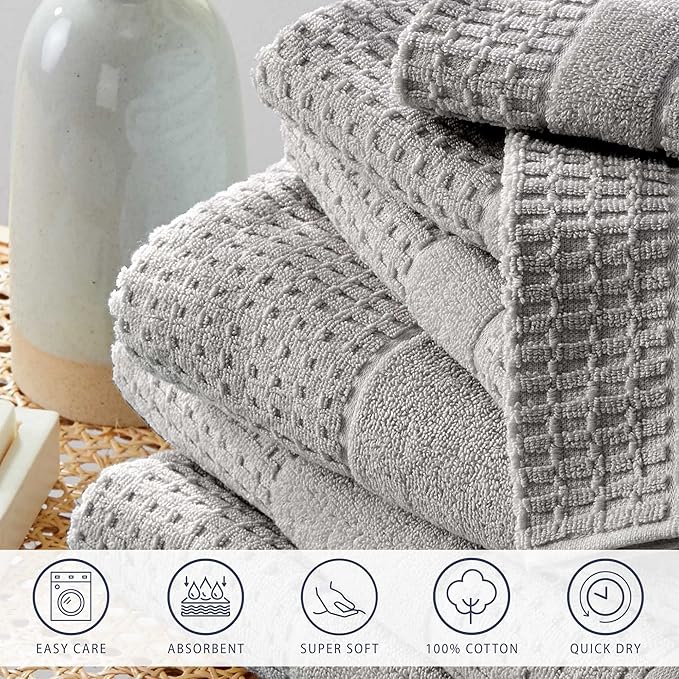 Market & Place 100% Cotton Super Soft Luxury Hand Towel Set | Quick-Dry and Highly Absorbent | Waffle Textured | 550 GSM | Includes 6 Hand Towels | Harper Collection (Light Grey)