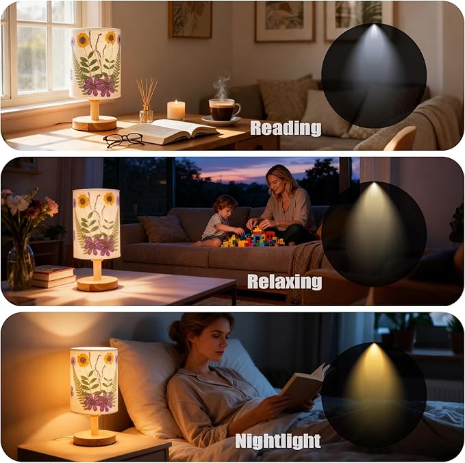 Artisan Crafted Floral Pressed Nightstand Lamp - Handmade Vintage Table Light with Adjustable Warm Glow for Bedroom, Office, or Living Room Decor (Purple)