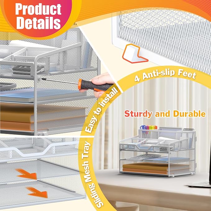 Docnest 3 Tier Mesh Desk Organizer for Paper Office Supplies – Multi-Functional Letter Tray with 5 Adjustable Compartments, 3 Pen Holders, Desktop Storage for Files, Mail, Stationery – White