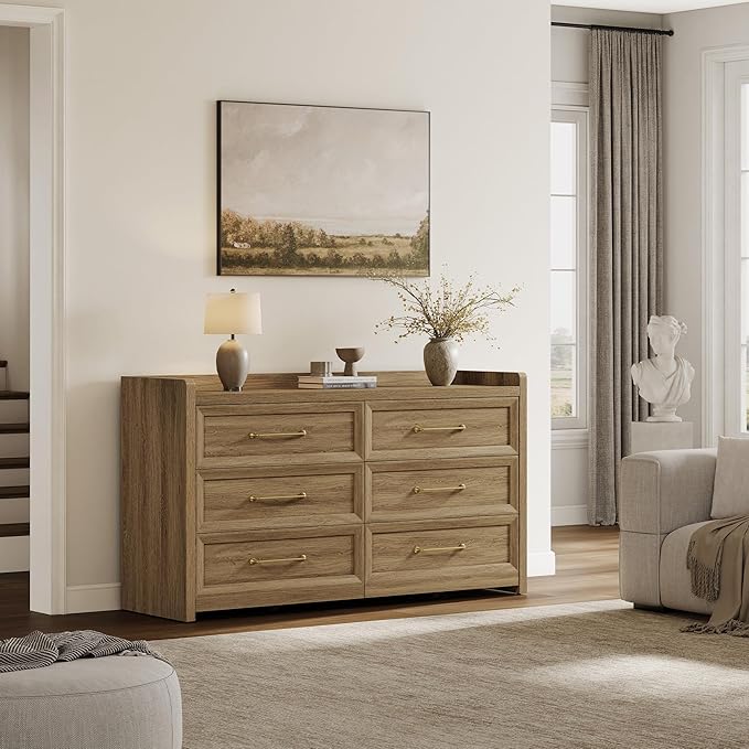 SICOTAS 6 Drawer Dresser for Bedroom-56.4" Extra-Wide Wooden Chest of Drawers with Large Storage, Long Dresser TV Stand with Drawers, Mid Century Modern Closet Dressers for Nursery, Brown Oak