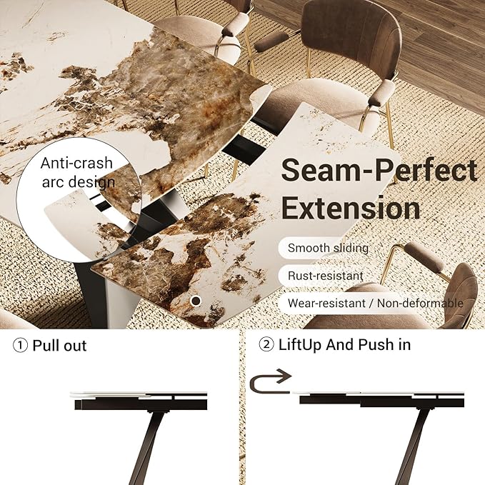Extendable Dining Table with Leaf, 78"-110" Rectangular Sintered Stone, Marble-Look Top, Seats 6-14, Metal Base, Easy-Clean, Heat & Scratch Resistant, Dining Room/Kitchen Table for Family Gatherings