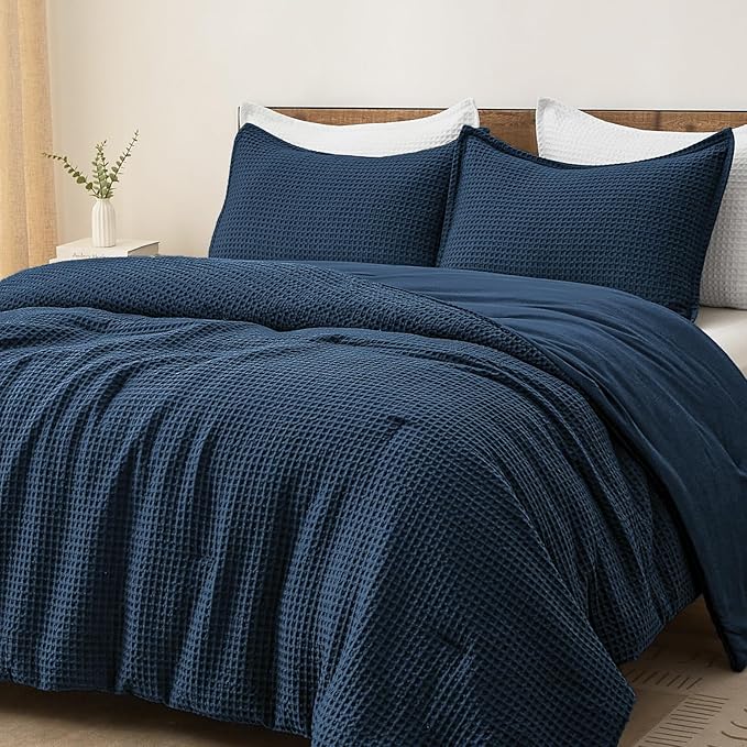 PHF Ultra Soft Waffle Weave Comforter Set King Size, 3 Pieces Lightweight Breathable Comfy Bedding Set, Comfy Textured 1 Comforter with 2 Pillow Shams, Navy Blue