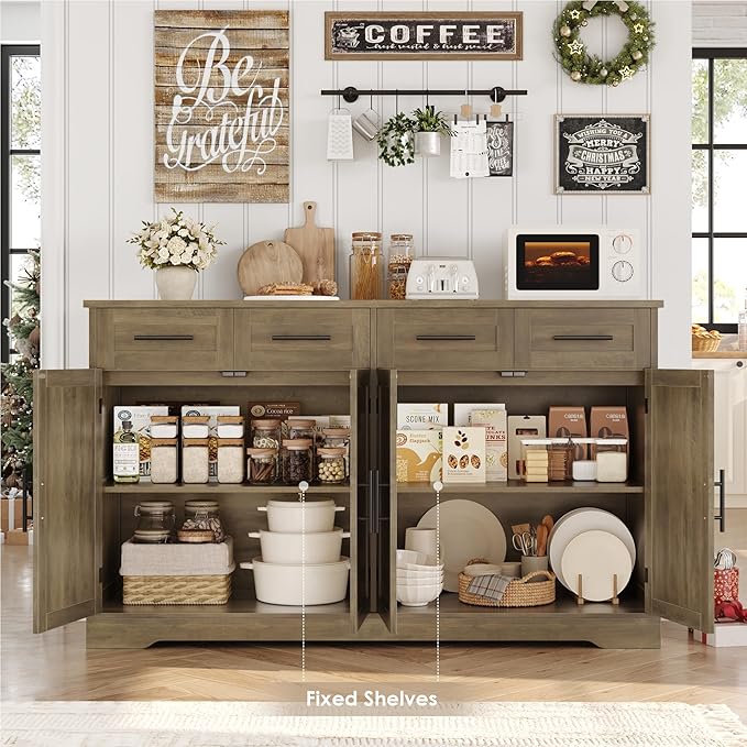 HOSTACK 60" Large Buffet Sideboard with Storage, 36" Tall Kitchen Buffet Storage Cabinet with 4 Drawer, Modern Coffee Bar Cabinet with Black Handle, Long Sideboard Table for Living Room, Rustic Brown