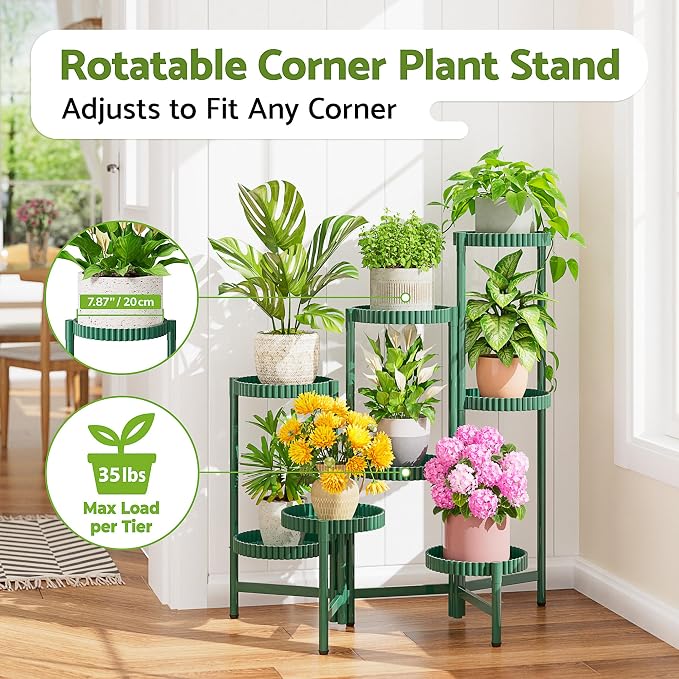 8 Tier Large Plant Stand Indoor, 7.9 Inch Wide Tall Corner Metal Plant Stands Outdoor for Multiple Plants, Foldable Tiered Plant Stand for Living Room Balcony Garden Patio - GreenFloroma
