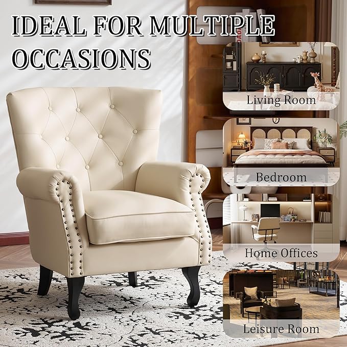 Modern Faux Leather Accent Chair, Upholstered Mid-Century Armchair with Solid Wood Legs, Single Sofa Chair for Living Room, Bedroom, or Reading Room（Ivory White）