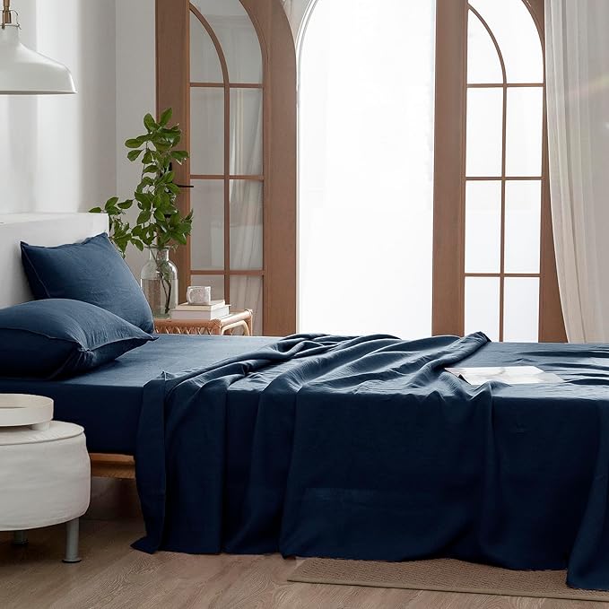 EVERLY Linen Sheets Set Twin Size,100% French Stonewash Pure Linen Sheets Set,3Pieces (1Flat Sheet,1Fitted Sheet,1Pillowcase) Suitable for Hot Sleepers,Deep Pocket Bedding Set-Navy Blue