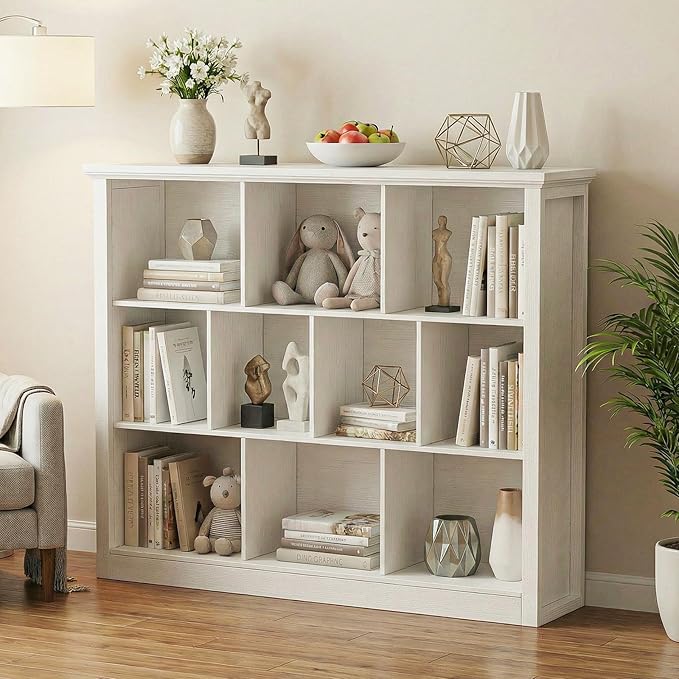 Unikito 10 Cube Storage Book Shelf - 50" Wide Wood Cube Storage Organizer, Wooden 3 Tiers Floor Standing Low Bookcase for Living Room, Bedroom, Home Office, Kids Room, Rustic White