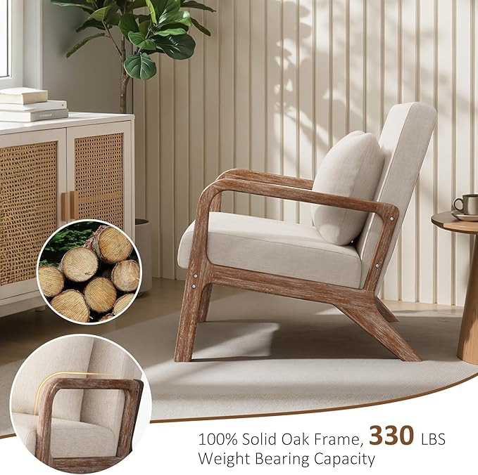 Mid Century Accent Chair with Solid Wood Frame Set of 2, Upholstered Lumbar Pillow Lounge Chair Beige Linen Fabric Cozy Leisure Chair Relaxing Retro Living Room Chair for Bedroom Waiting Room