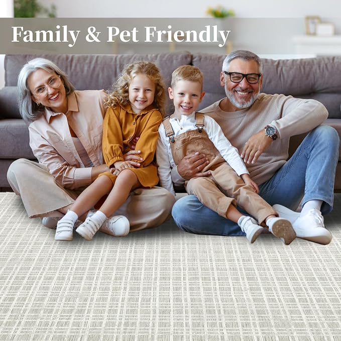 Washable Area Rugs 8x10 Rug for Living Room Modern Bedroom Rug Plaid Farmhouse Large Area Rug Non Slip Throw Rugs Soft Low Pile Stain Resistant Carpet for Dining Room 8'x10' Light Grey