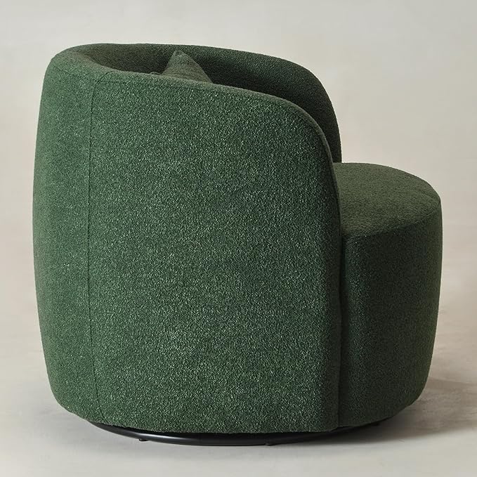KINWELL 34" Wide Boucle Swivel Barrel Chair, No Assembly Round Upholstered Armchair Accent Chair Single Sofa Chair with Toss Pillow for Living Room and Bedroom, Green