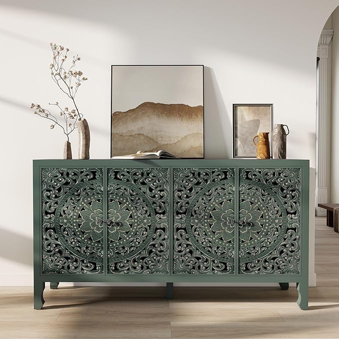 Buffet Cabinet with Storage, Accent Cabinet with 4 Carved Doors, Solid Wood Sideboard with Adjustable Shelf, Vintage Cabinets for Kitchen, Living Room, Entryway, Green
