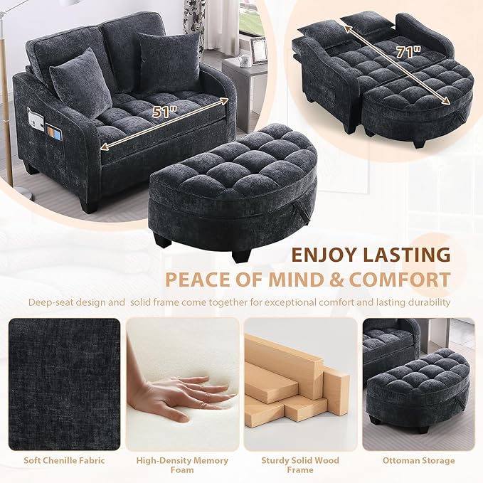 Oversized Curved Chaise Lounge Chair Indoor with Ottoman, 54.8" Cloud Boneless Reading Chair Soft Chenille Circle Couch w/Adjustable Backrest for Living Room, Apartroom, Bedroom, Black