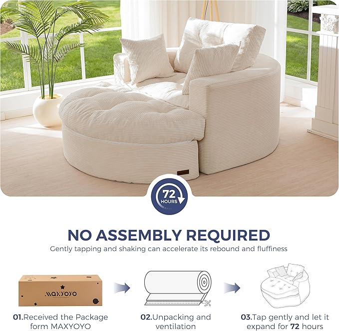 MAXYOYO Oversized Round Chaise Lounge Sofa, Upholstered Lounge Chair with 3 Pillows, Boneless Sofa Couch with Ottoman, Deep Seat Chair for Living Room, Bedroom, No Assembly, Beige