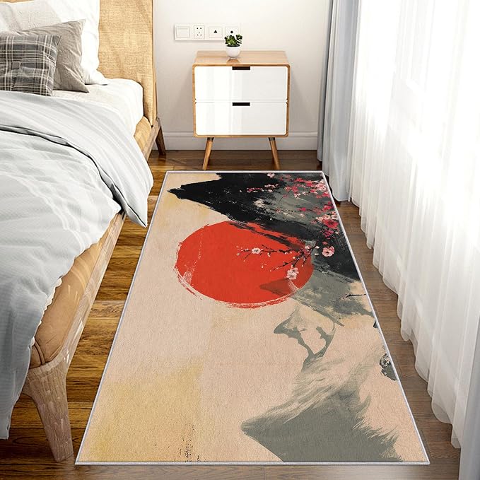 Small Area Rugs 2x4 Entryway, Japanese Rug, Red Sun Cherry Blossom Mountain Landscape Design, Washable Kitchen Rug, Compact Carpet for Laundry Room & Powder Room, Traditional Asian Art Room Decor