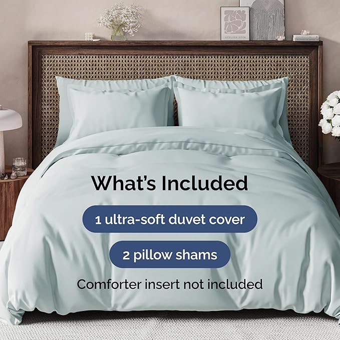 Duvet Cover Queen Size - Extra Soft Queen Size Duvet Cover - Lightweight & Breathable - Easy Care & Fade Free with Zipper Closures and Ties - 90" x 90" Inches - (Ice Blue) Comforter Not Included