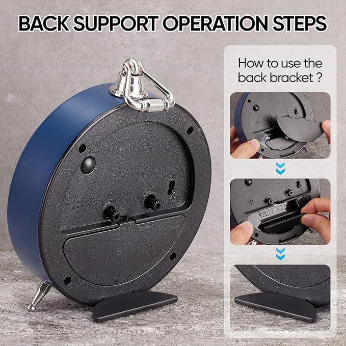 FLOITTUY 4.5" Battery Operated Antique Retro Analog Metal Alarm Clock, Silent Bedside Desk Clock, Wall-Hanging Vintage Clock(Navy Blue)