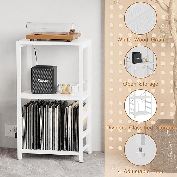 YAKANJ End Table with LED Light,Record Player Stand with Albums Storage,Vinyl Records Storage,Turntable Stand Side Table for Music Room Studio Living Room Bedroom-Rustic White