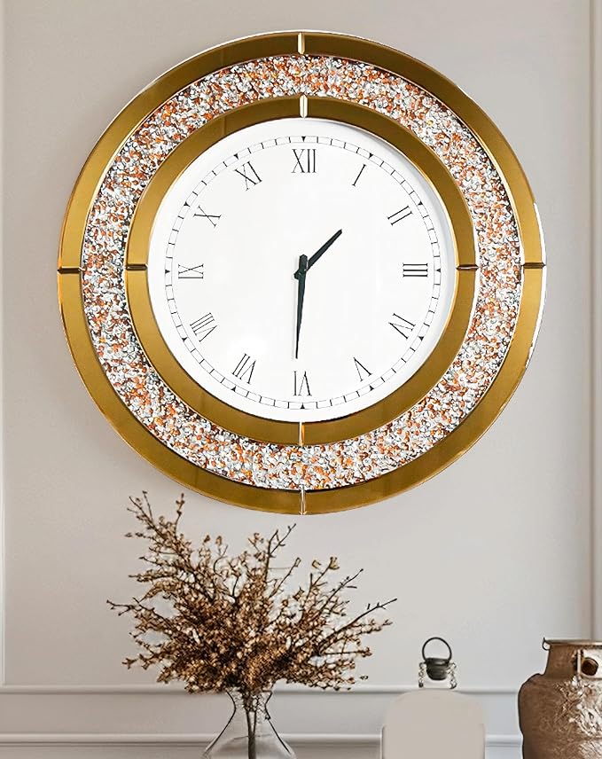 Crushed Diamond Wall Clock Round Decorative Mirrored Clock 24 inch Brown
