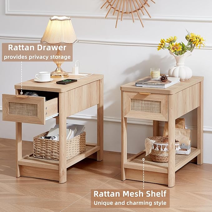 Lerliuo Narrow Night Stand with Charging Station, Boho Nightstand with Drawer, Bed Side End Table with Rattan Shelf for Small Spaces, Wood Nightstands Bedside Tables for Living Room Bedroom