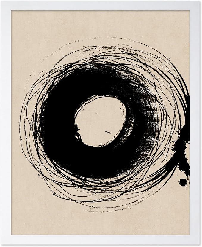 Poster Master Handmade Circle Drawing Poster - Ink Brush Print - Drawing Art - Sketch Design - Abstract Illustration - Great Bedroom or Living Room Wall Decor - 8x10 White Framed