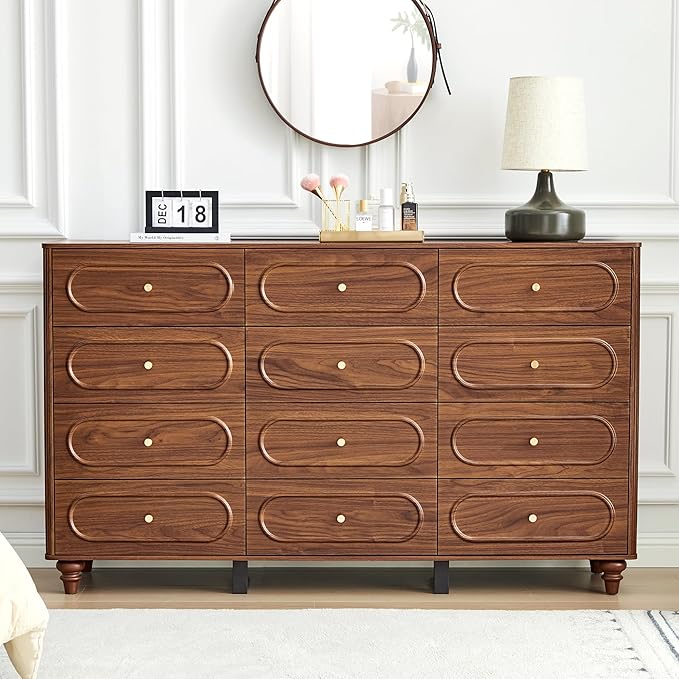 ORRD 12 Drawer Fluted Dresser for Bedroom, Mid Century Modern Chest of Drawers, Wood Storage Small Dresser Organizer for Bedroom Living Room Hallway Closet, Walnut