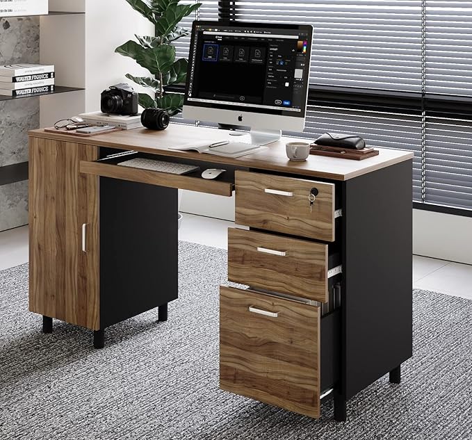 Modern Design Venice Computer Desk with Lockable Drawers, 53 Inch Home Office Desk with Storage Cabinet, Keyboard Tray & Cable Management, Modern Study Writing Desk for Small Spaces, Walnut and Black