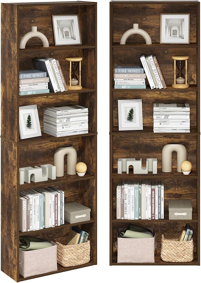 Furinno Jaya Book Shelf Set of 2, 6-Tier Bookshelf, Bookcase, 9.5 x 24.6 x 71, for Home Office, Living Room, Amber Pine